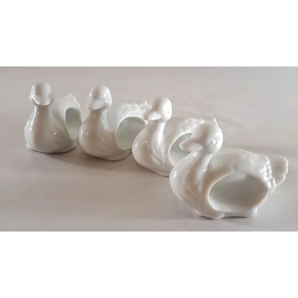 Vintage Duck Napkin Rings White Ceramic Geese Set of 4 Retro Kitsch Japan